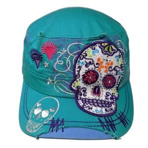 Sugar Skull Slideback Cadet Army Cap Blue One Size Embroidered Leader